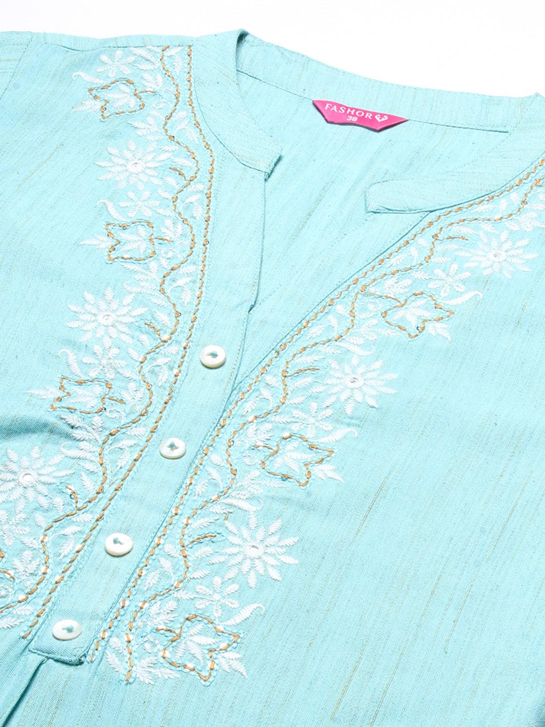 Ethnic Chikankari Embroidered A-line Kurti - Blue - Indiakreations