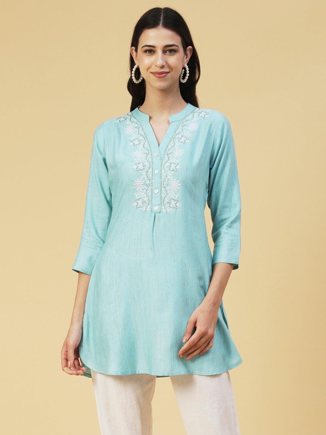 Ethnic Chikankari Embroidered A-line Kurti - Blue - Indiakreations