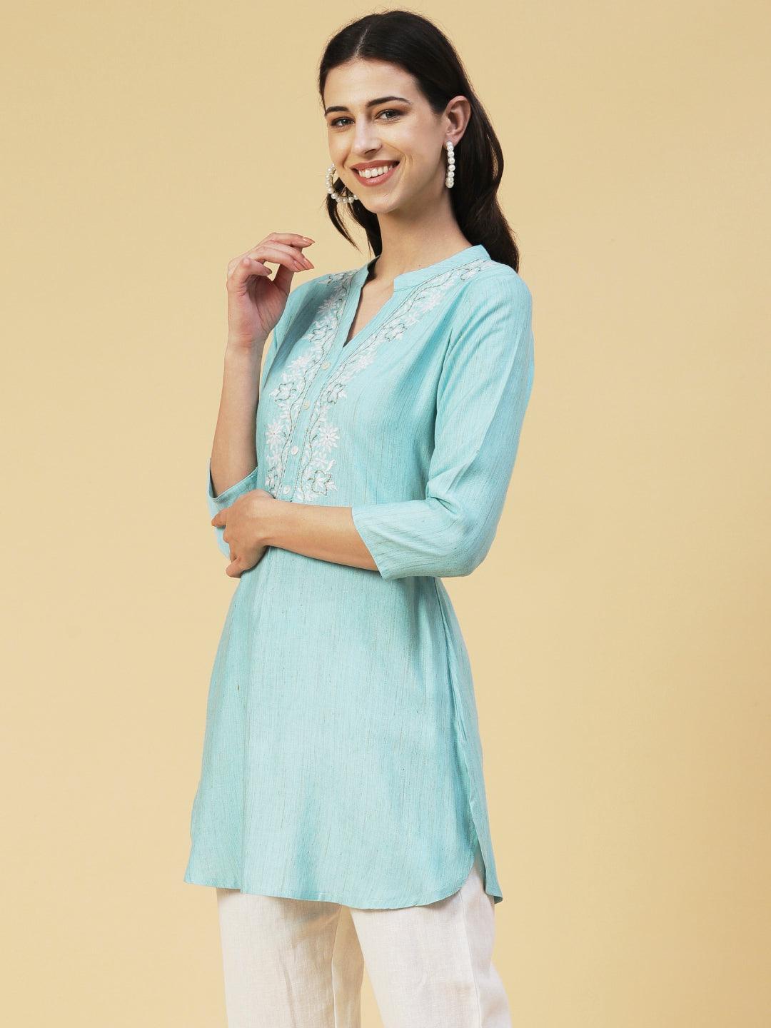 Ethnic Chikankari Embroidered A-line Kurti - Blue - Indiakreations