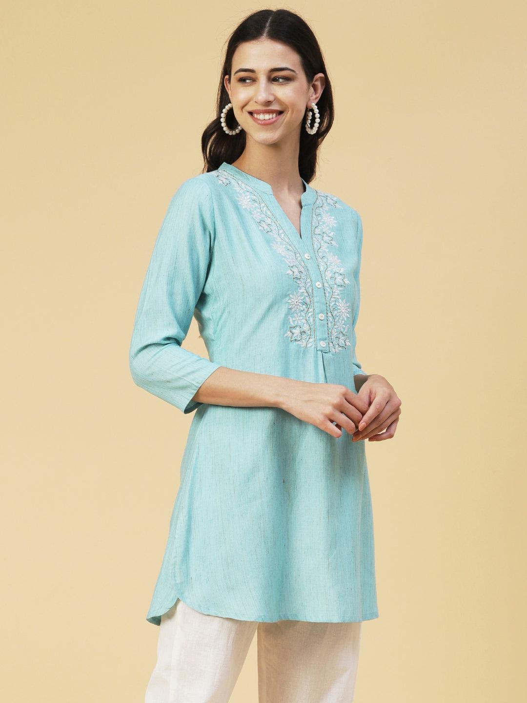 Ethnic Chikankari Embroidered A-line Kurti - Blue - Indiakreations