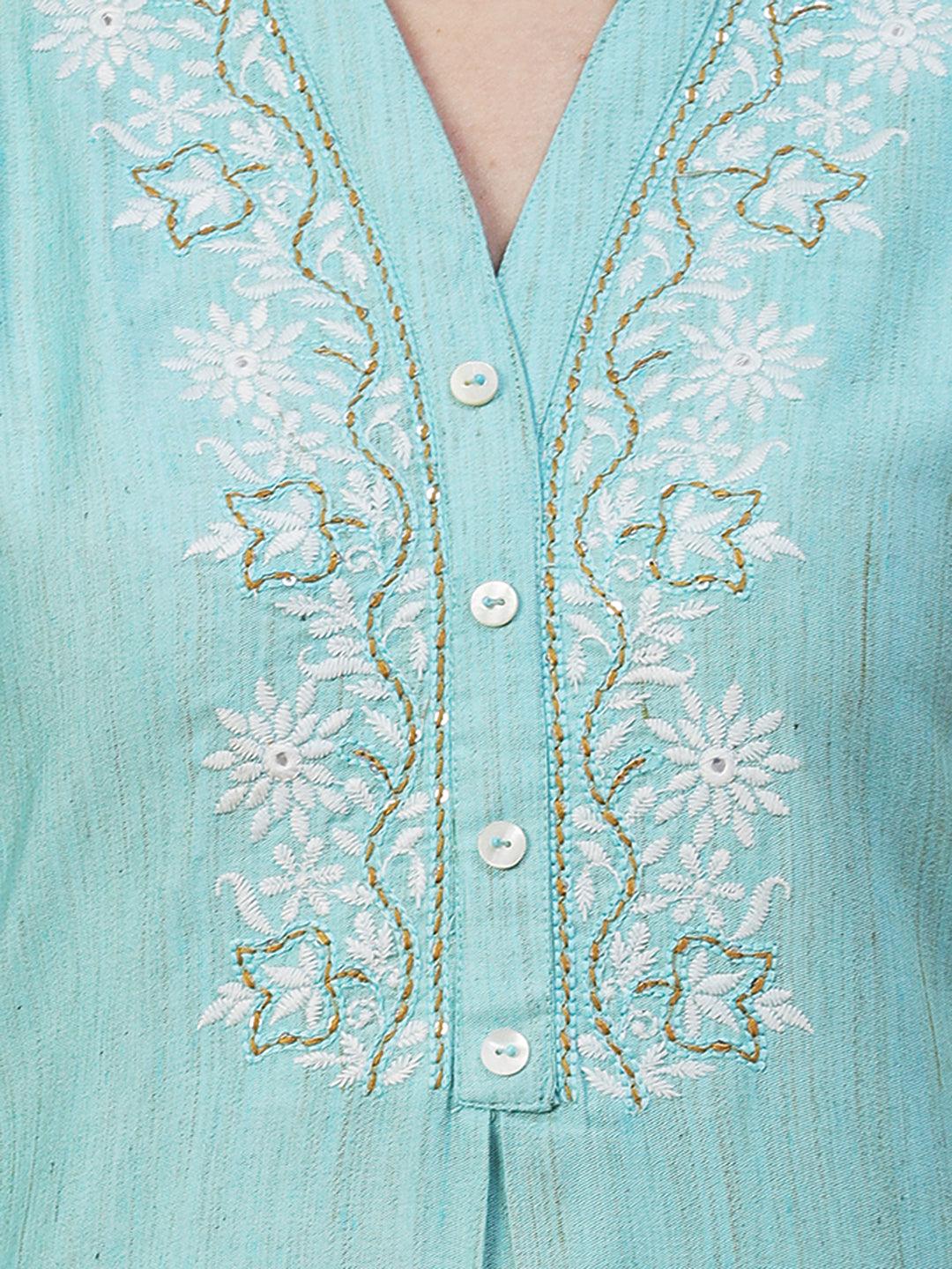 Ethnic Chikankari Embroidered A-line Kurti - Blue - Indiakreations