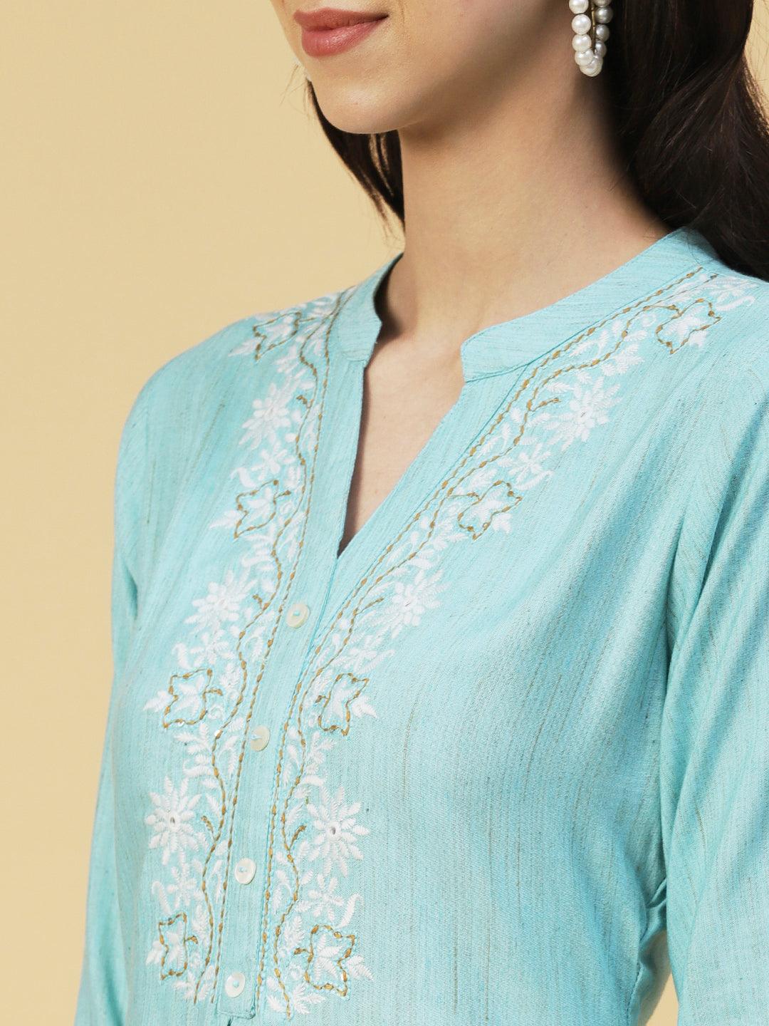 Ethnic Chikankari Embroidered A-line Kurti - Blue - Indiakreations