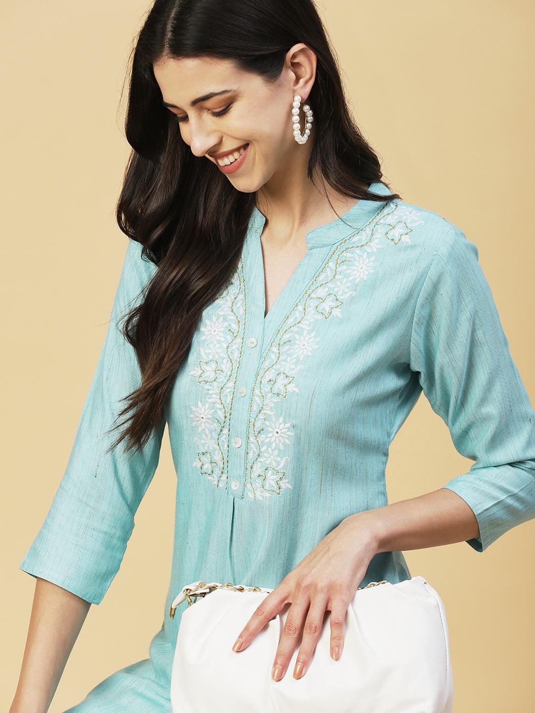 Ethnic Chikankari Embroidered A-line Kurti - Blue - Indiakreations