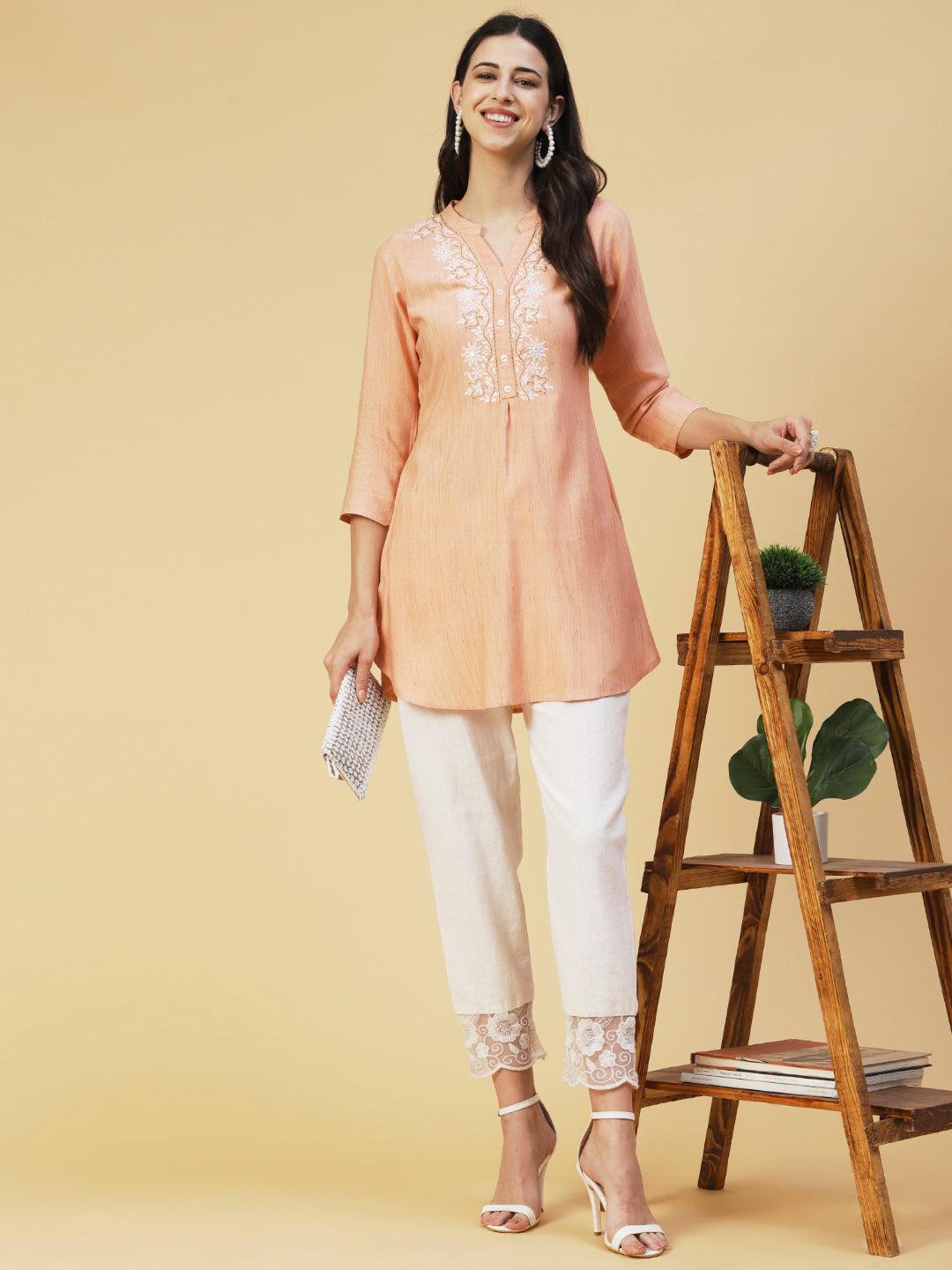 Ethnic Chikankari Embroidered A-line Kurti - Peach - Indiakreations