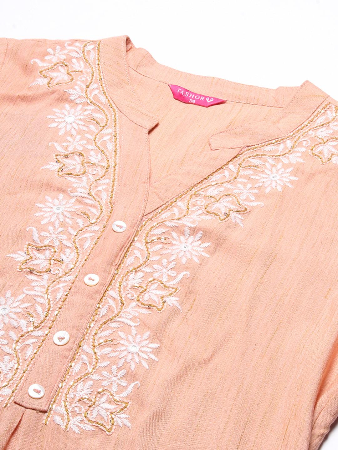 Ethnic Chikankari Embroidered A-line Kurti - Peach - Indiakreations