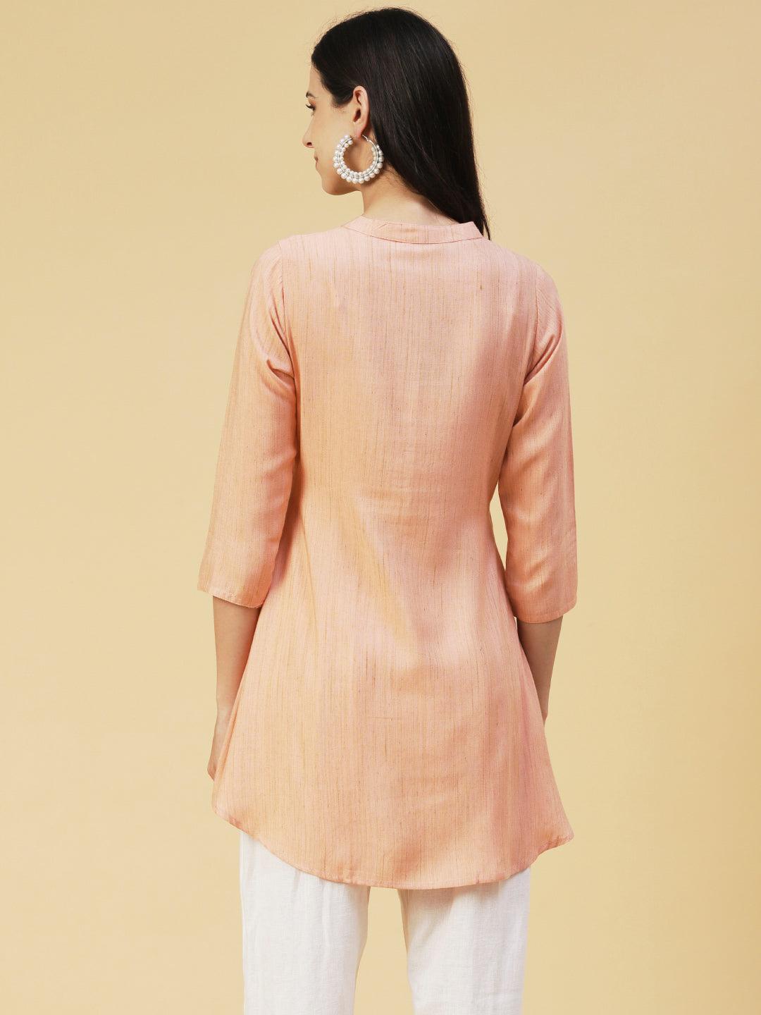 Ethnic Chikankari Embroidered A-line Kurti - Peach - Indiakreations