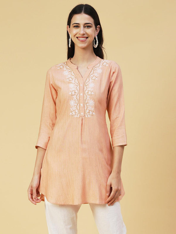 Ethnic Chikankari Embroidered A-line Kurti - Peach - Indiakreations