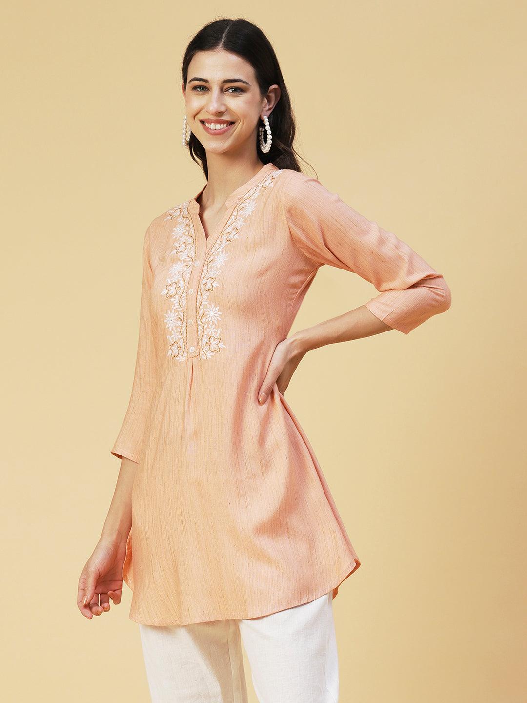 Ethnic Chikankari Embroidered A-line Kurti - Peach - Indiakreations