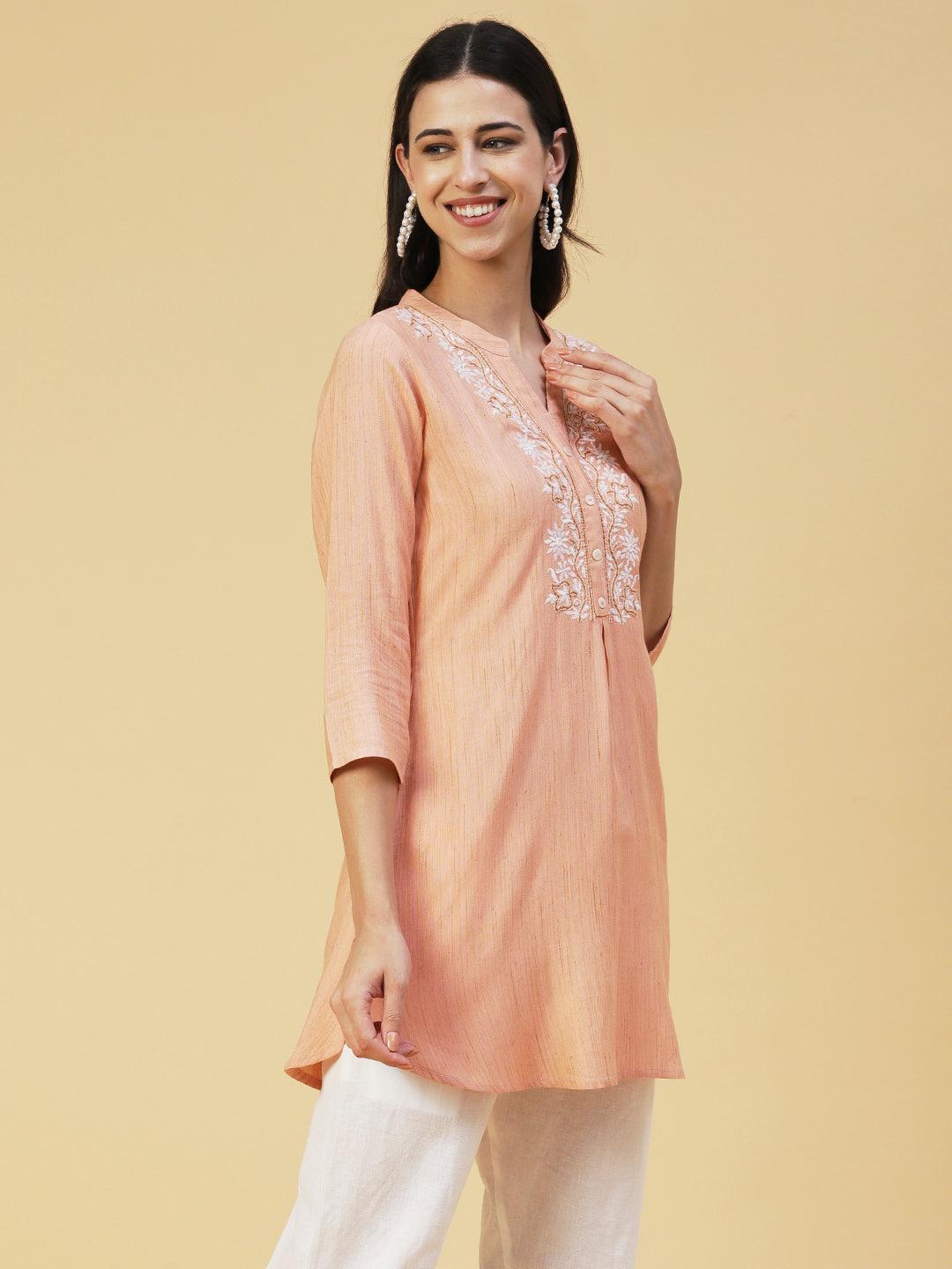 Ethnic Chikankari Embroidered A-line Kurti - Peach - Indiakreations