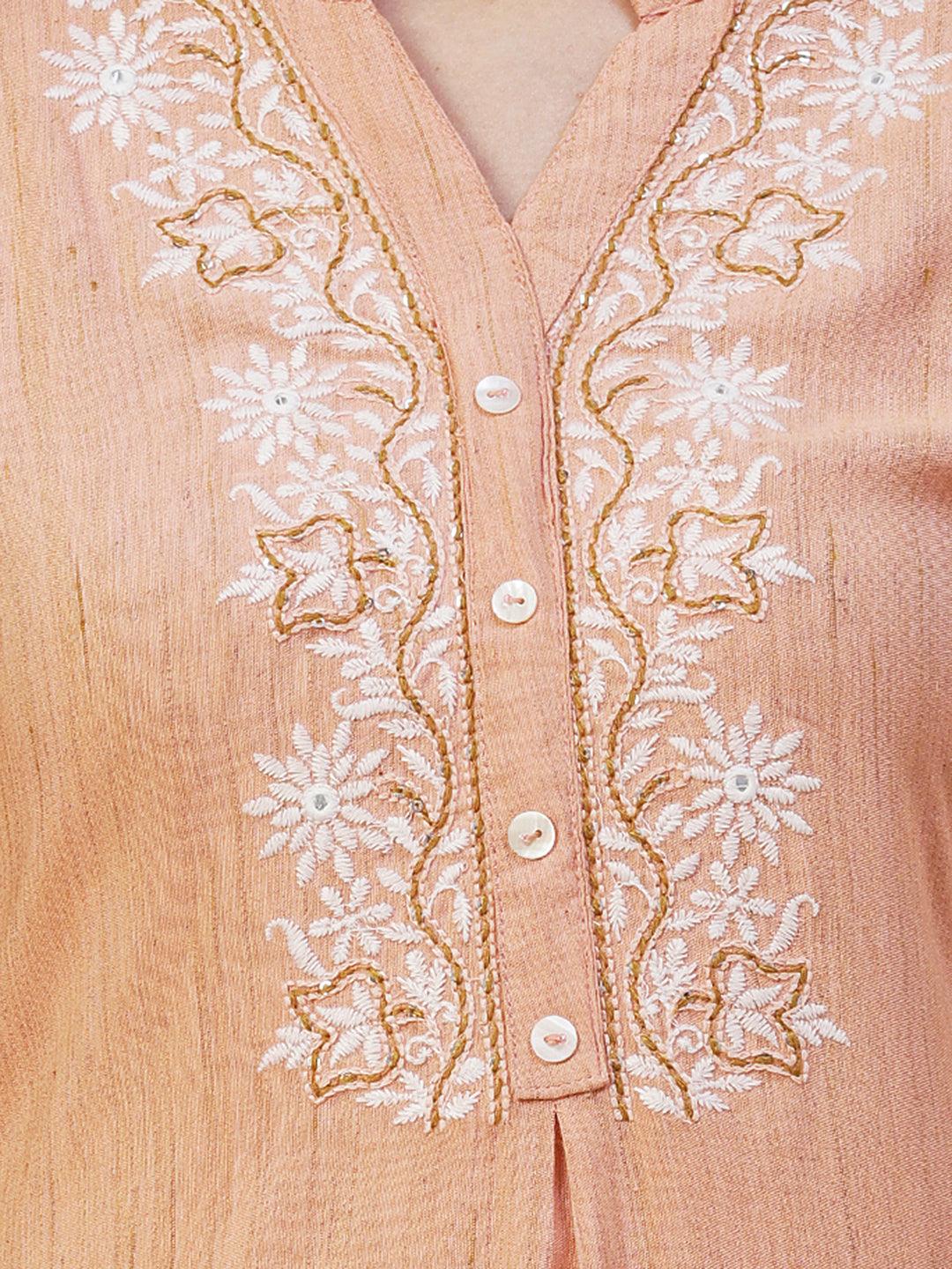 Ethnic Chikankari Embroidered A-line Kurti - Peach - Indiakreations