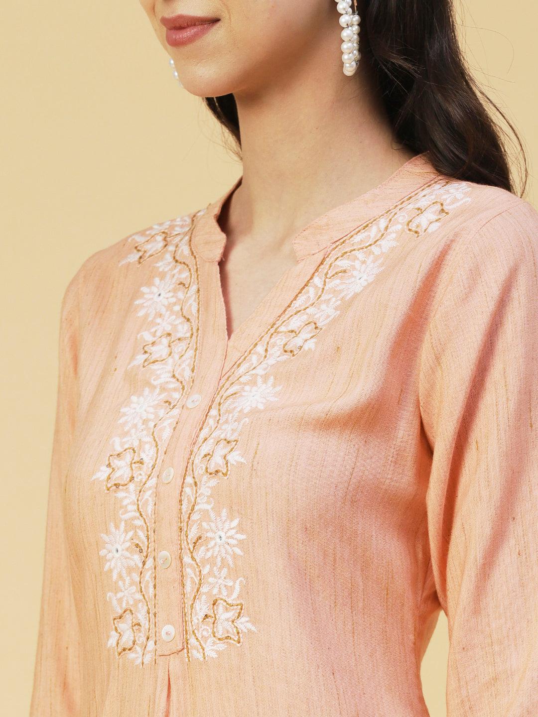 Ethnic Chikankari Embroidered A-line Kurti - Peach - Indiakreations