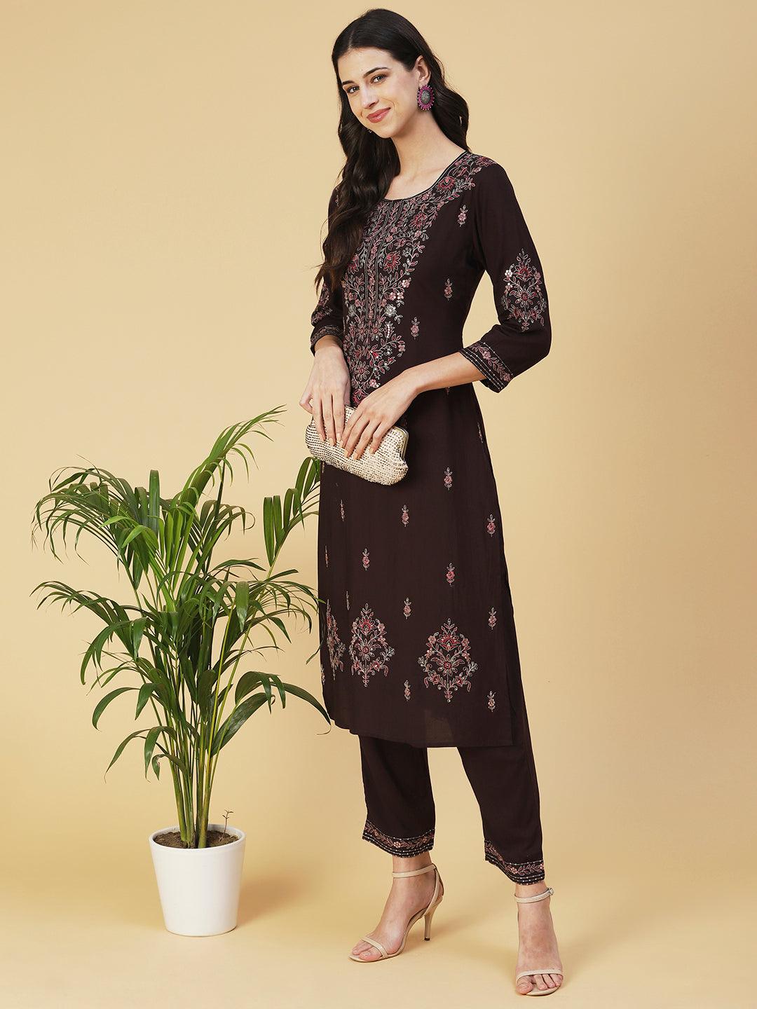 Solid Resham & Sequins Embroidered Kurta With Pants - Coffee Brown - Indiakreations