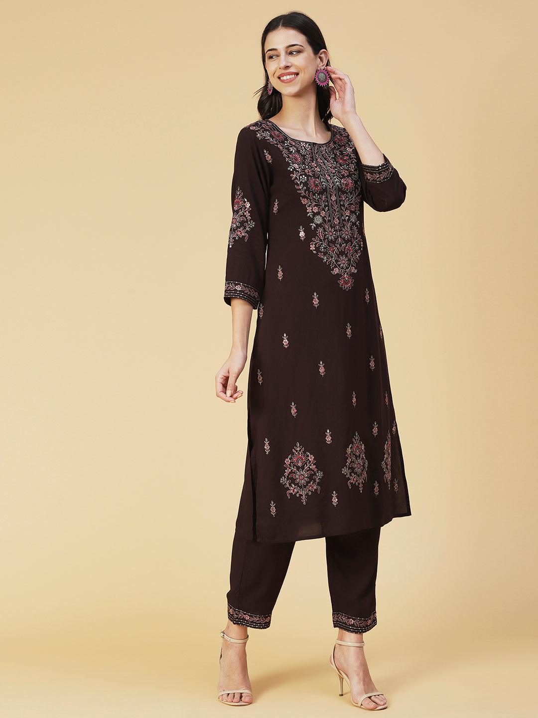 Solid Resham & Sequins Embroidered Kurta With Pants - Coffee Brown - Indiakreations