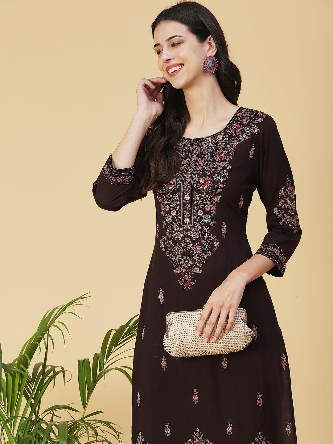 Solid Resham & Sequins Embroidered Kurta With Pants - Coffee Brown - Indiakreations