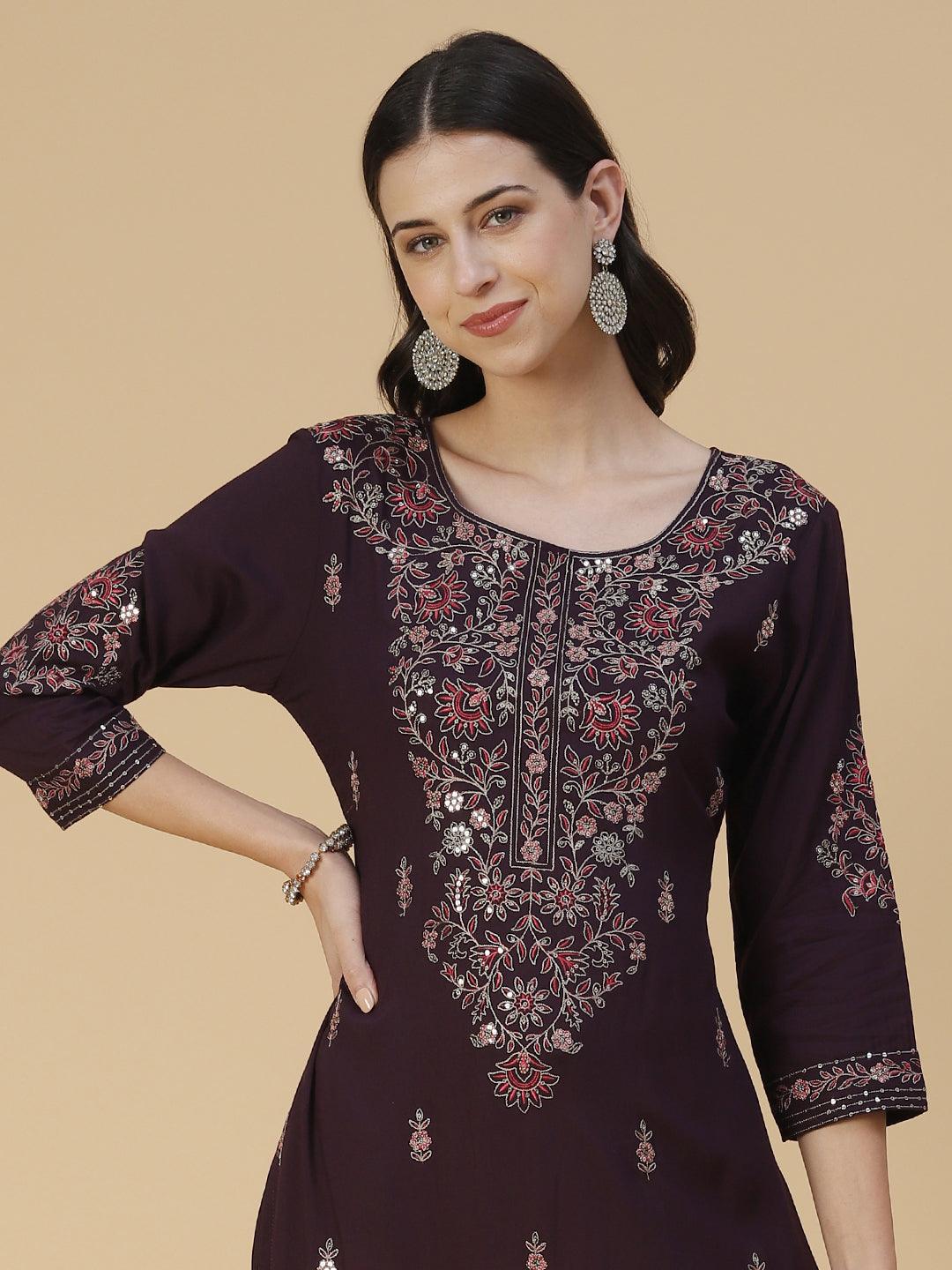 Solid Resham & Sequins Embroidered Kurta With Pants - Coffee Brown - Indiakreations