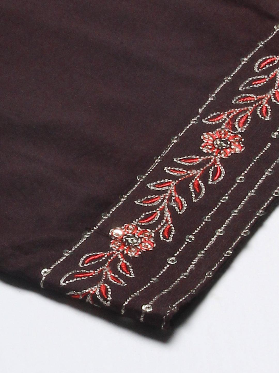 Solid Resham & Sequins Embroidered Kurta With Pants - Coffee Brown - Indiakreations