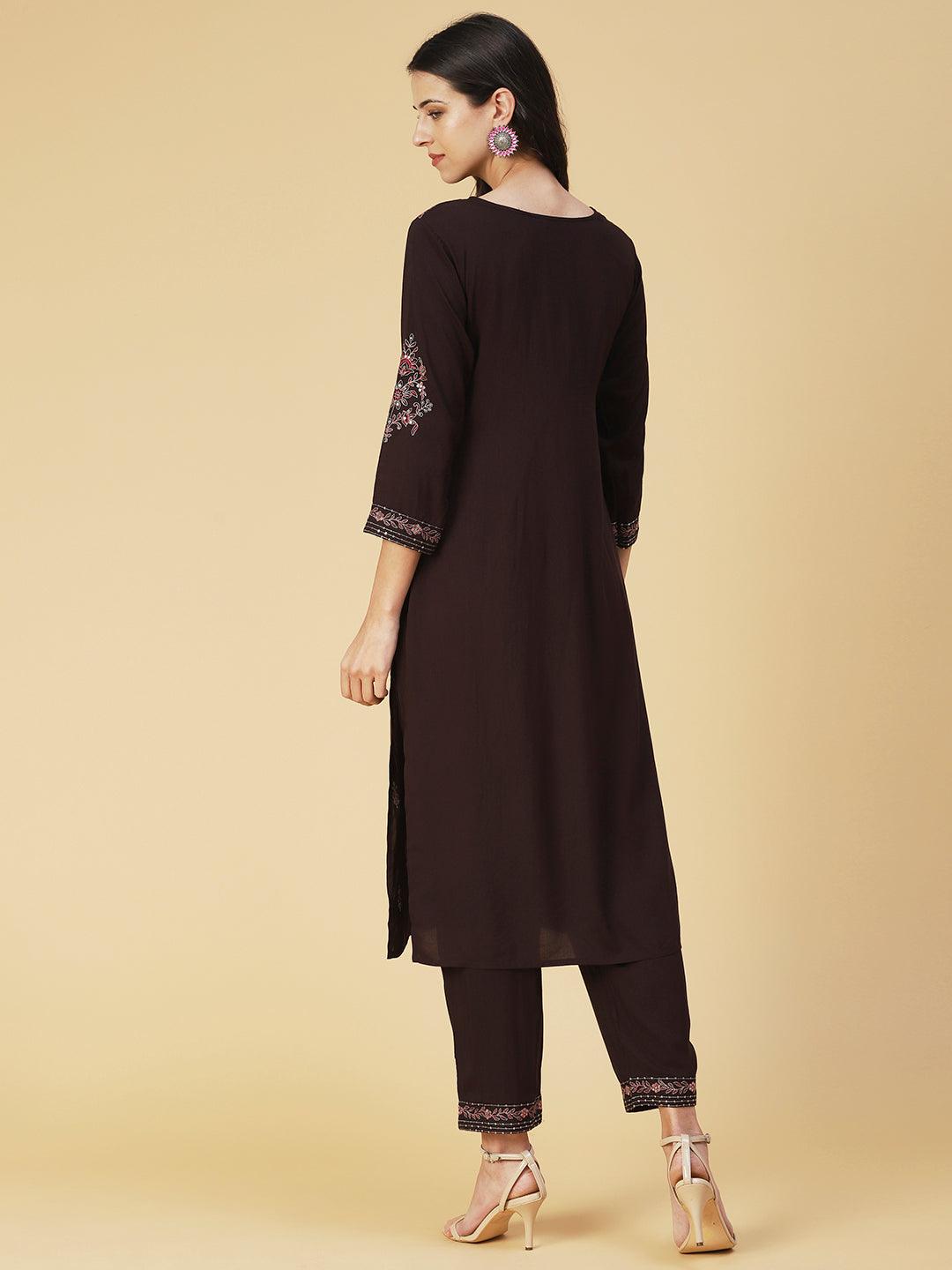 Solid Resham & Sequins Embroidered Kurta With Pants - Coffee Brown - Indiakreations