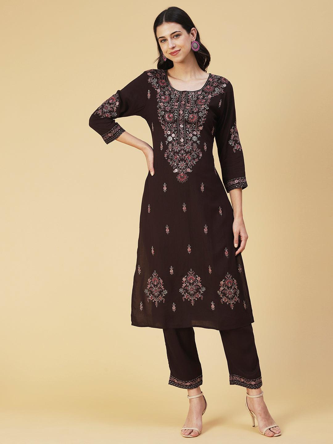 Solid Resham & Sequins Embroidered Kurta With Pants - Coffee Brown - Indiakreations