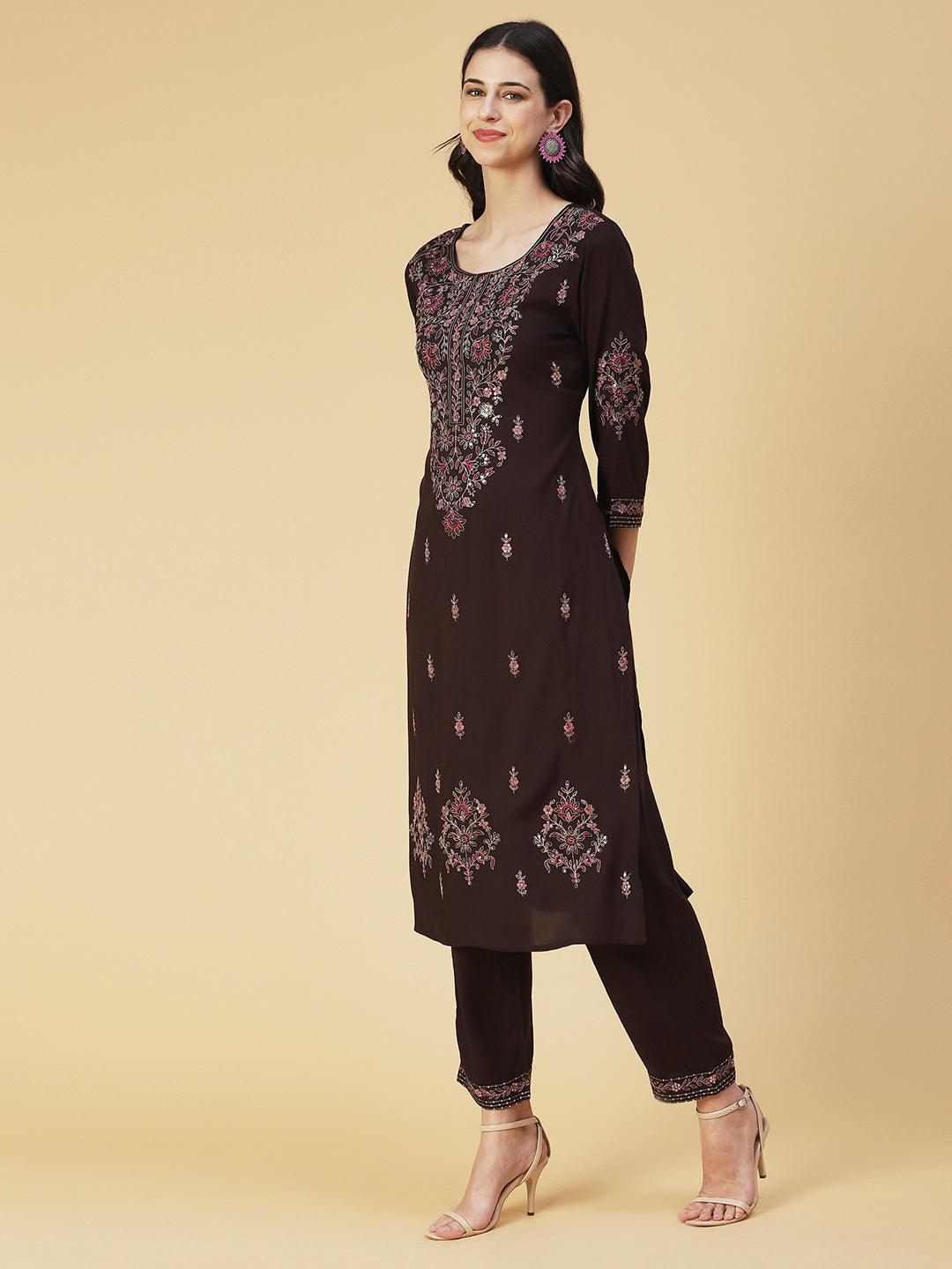 Solid Resham & Sequins Embroidered Kurta With Pants - Coffee Brown - Indiakreations