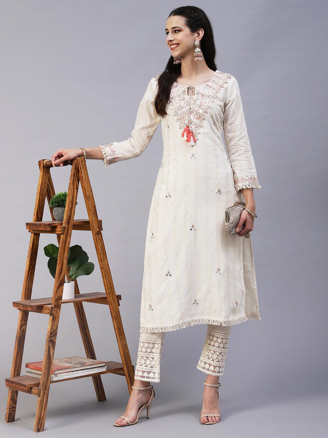 Ethnic Embroidered A-Line Kurta with Pant - Off White - Indiakreations