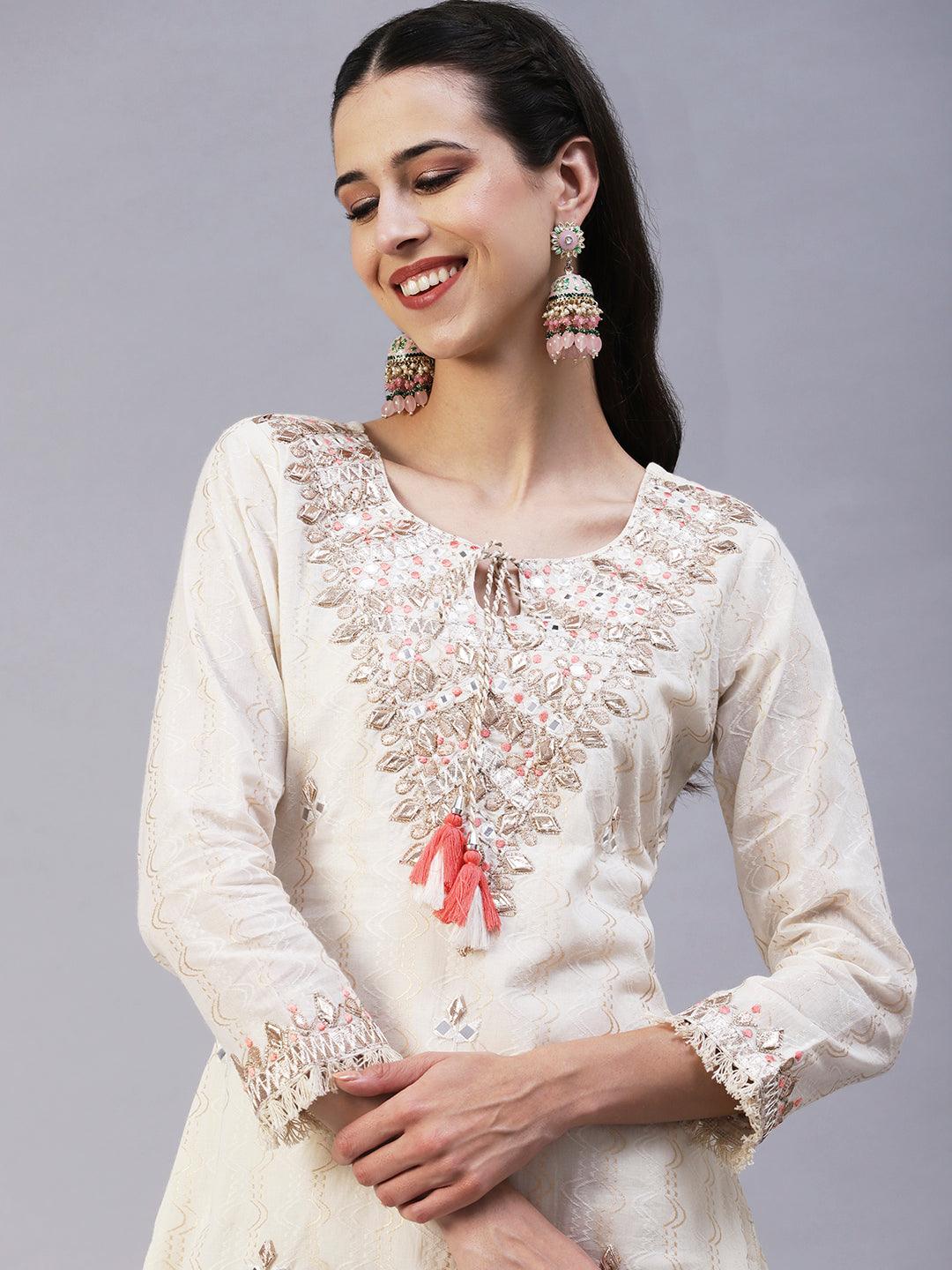 Ethnic Embroidered A-Line Kurta with Pant - Off White - Indiakreations