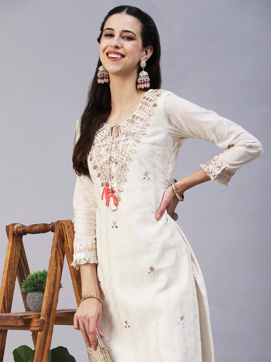 Ethnic Embroidered A-Line Kurta with Pant - Off White - Indiakreations