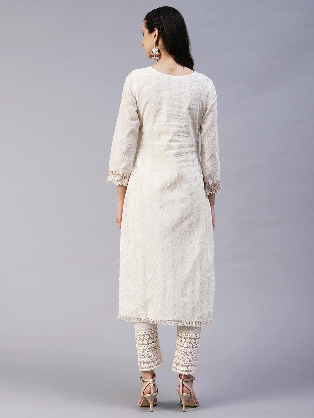 Ethnic Embroidered A-Line Kurta with Pant - Off White - Indiakreations