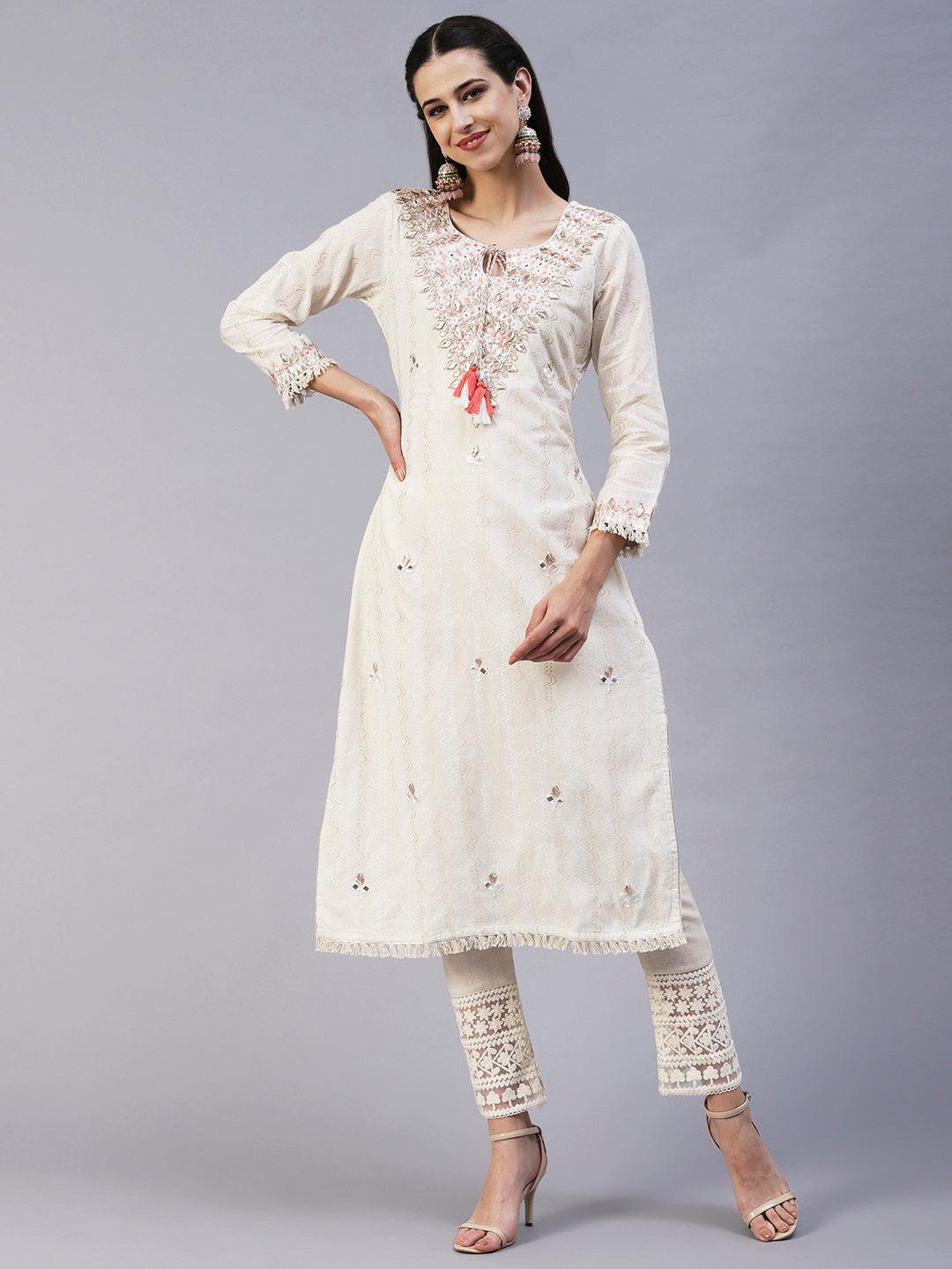 Ethnic Embroidered A-Line Kurta with Pant - Off White - Indiakreations