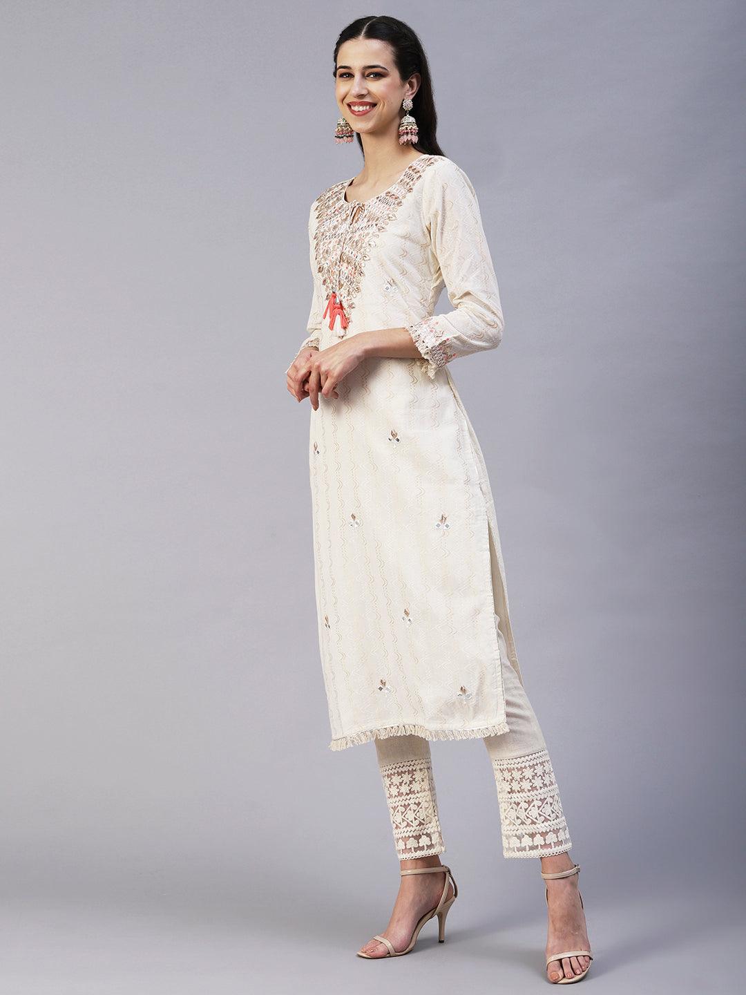 Ethnic Embroidered A-Line Kurta with Pant - Off White - Indiakreations