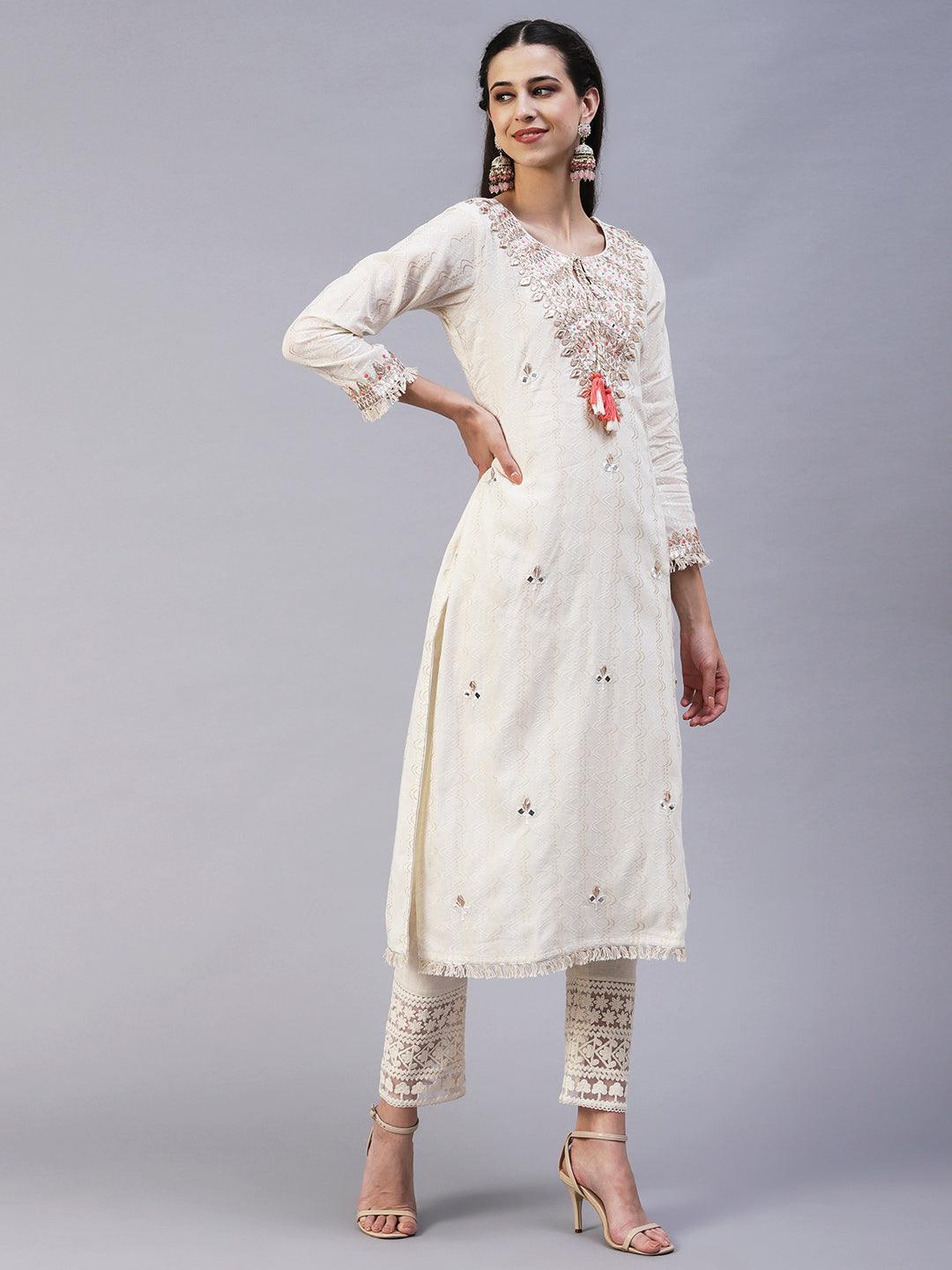 Ethnic Embroidered A-Line Kurta with Pant - Off White - Indiakreations