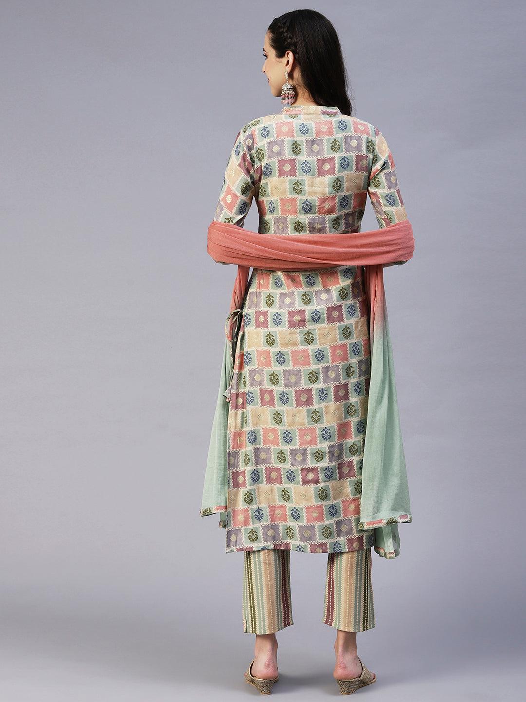 Floral Brick Printed Hand Embroidered Kurta With Pants & Dupatta - Multi - Indiakreations