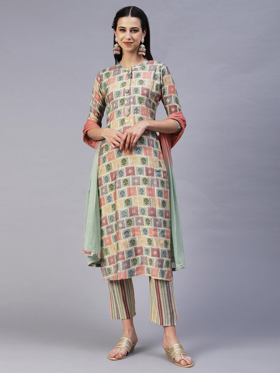 Floral Brick Printed Hand Embroidered Kurta With Pants & Dupatta - Multi - Indiakreations