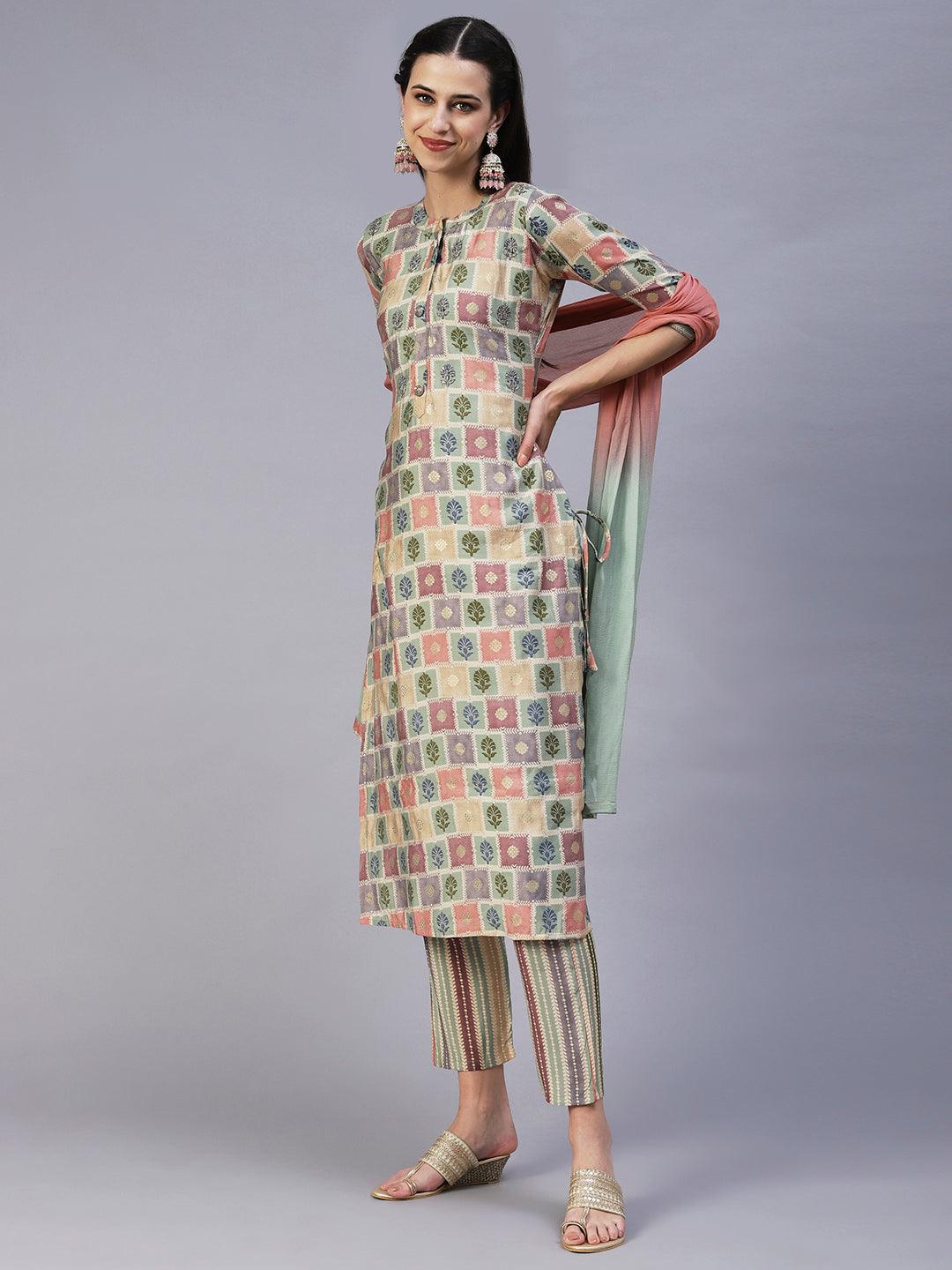 Floral Brick Printed Hand Embroidered Kurta With Pants & Dupatta - Multi - Indiakreations