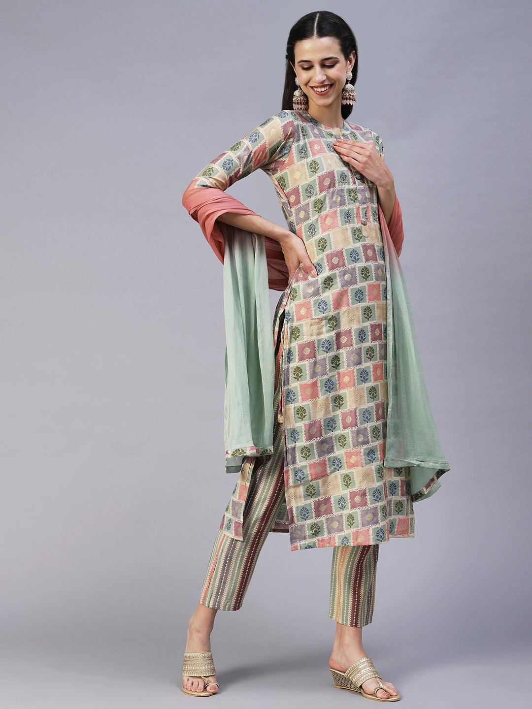 Floral Brick Printed Hand Embroidered Kurta With Pants & Dupatta - Multi - Indiakreations