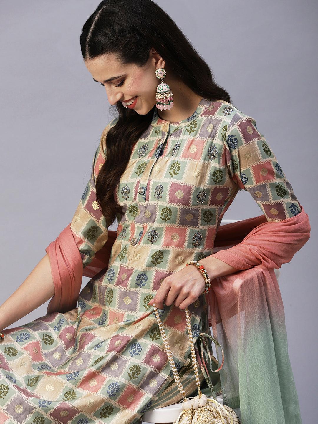 Floral Brick Printed Hand Embroidered Kurta With Pants & Dupatta - Multi - Indiakreations