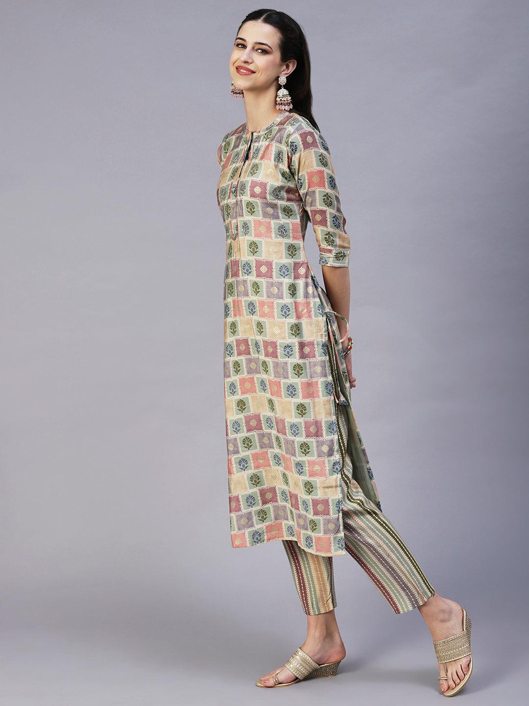 Floral Brick Printed Hand Embroidered Kurta With Pants & Dupatta - Multi - Indiakreations