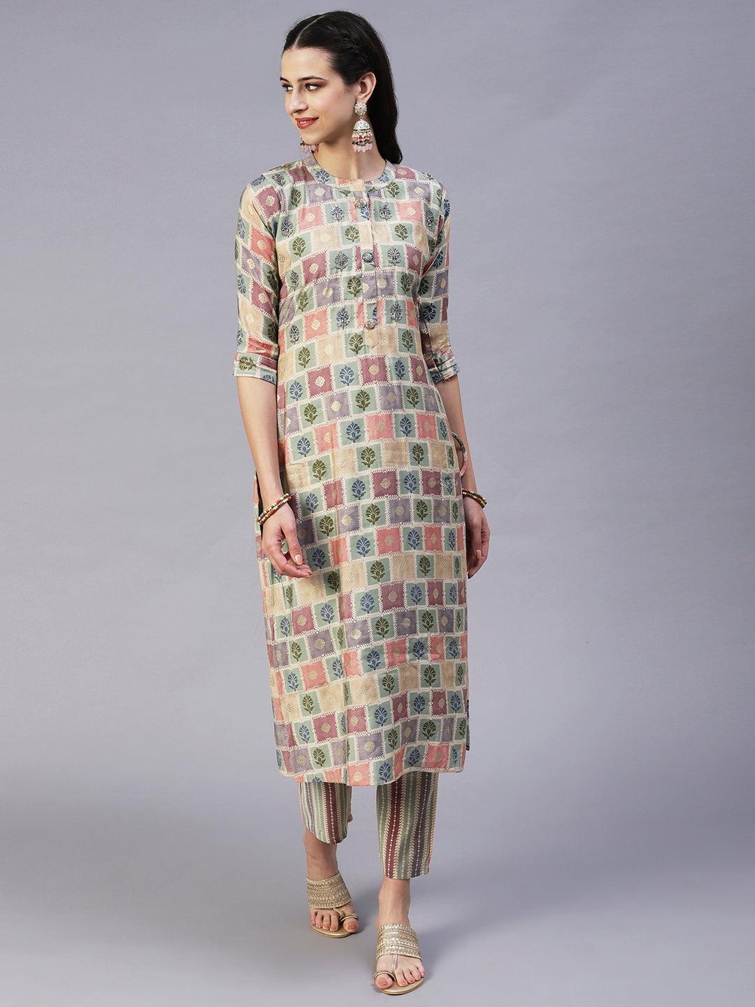 Floral Brick Printed Hand Embroidered Kurta With Pants & Dupatta - Multi - Indiakreations