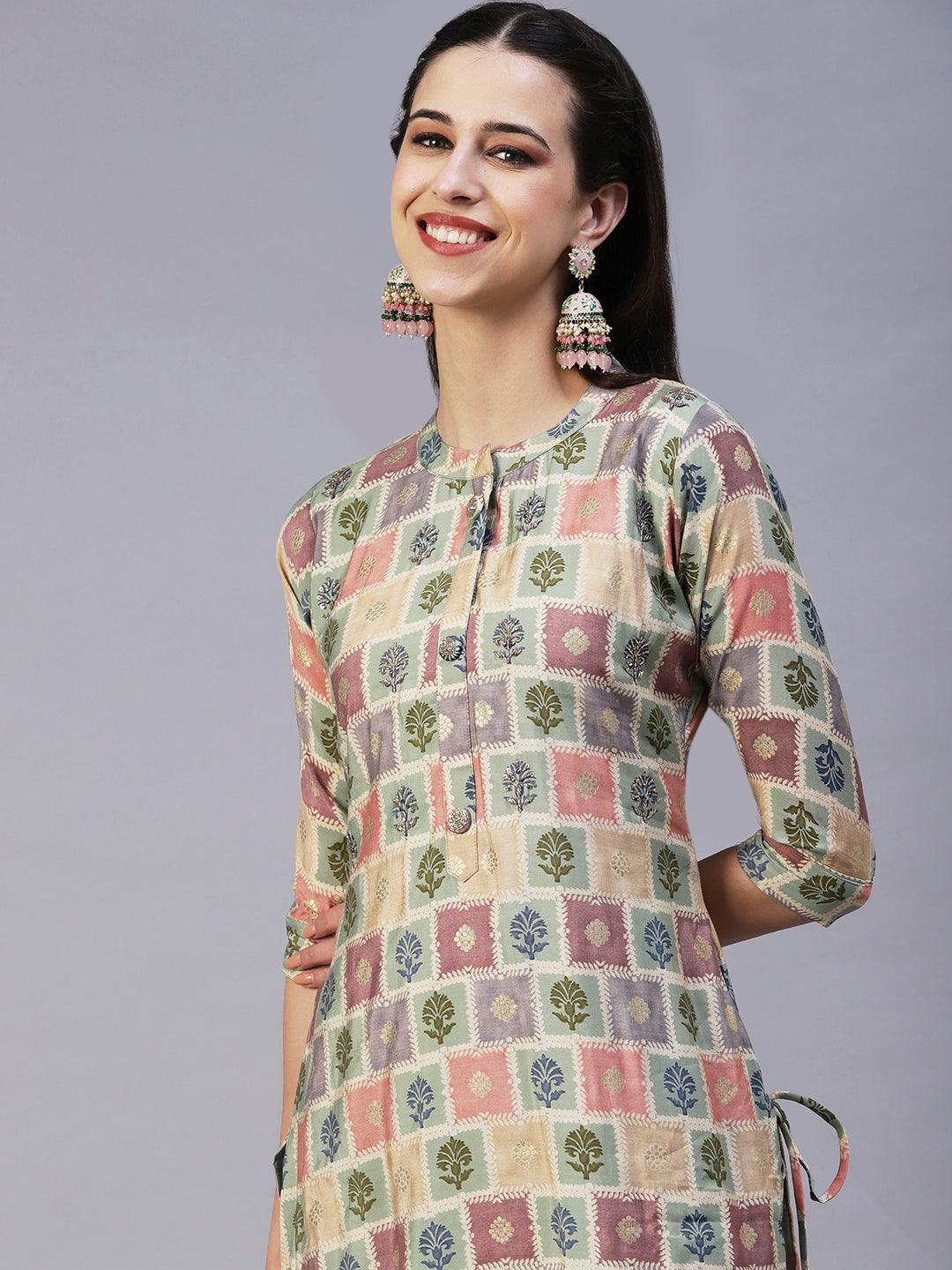 Floral Brick Printed Hand Embroidered Kurta With Pants & Dupatta - Multi - Indiakreations