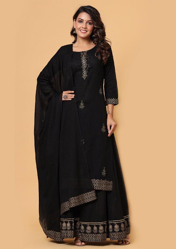 Black Gold Embellished Cotton Kurta Sharara With Dupatta - Indiakreations