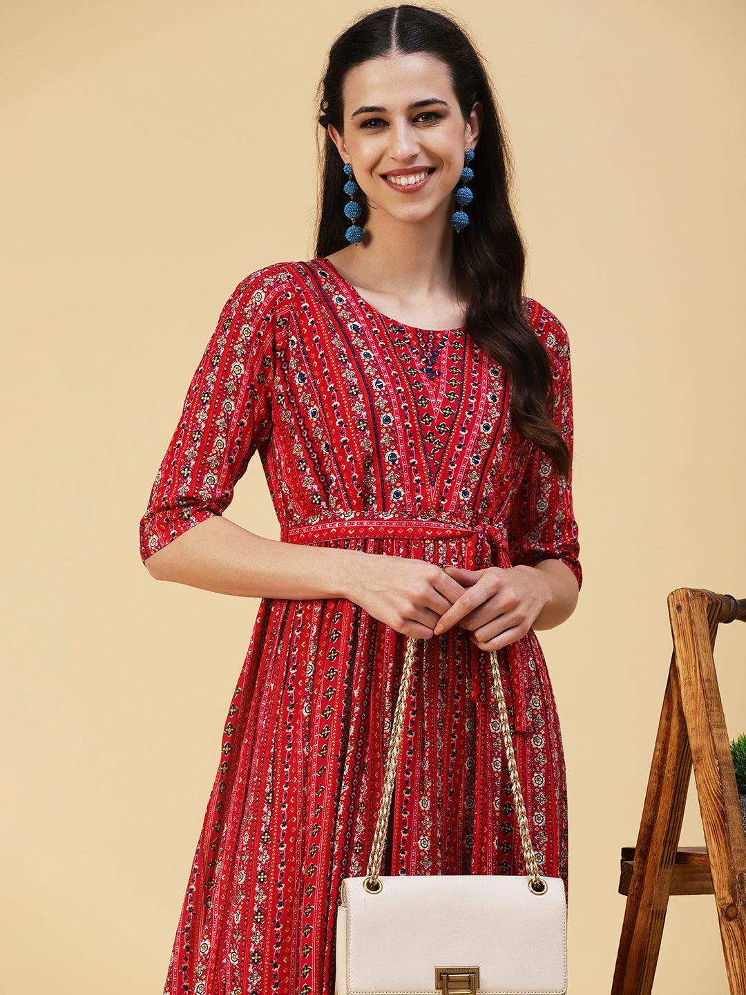 Ethnic Stripes Printed & Embroidered A-Line Midi Dress - Magenta - Indiakreations