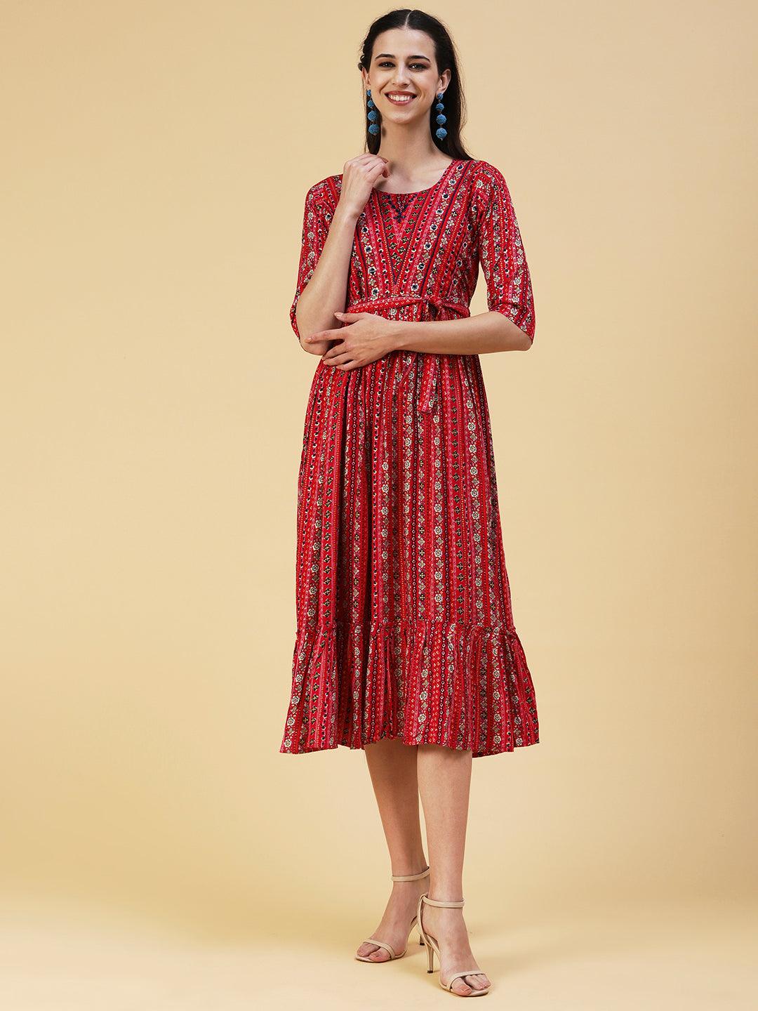 Ethnic Stripes Printed & Embroidered A-Line Midi Dress - Magenta - Indiakreations