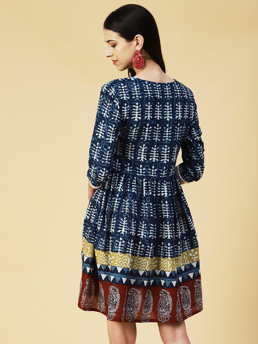 Batik Printed Crochet Lace Embellished Dress - Indigo Blue - Indiakreations