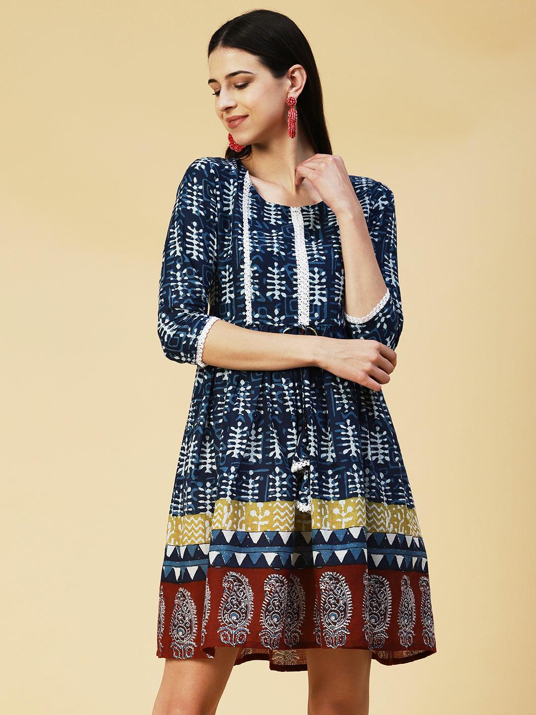 Batik Printed Crochet Lace Embellished Dress - Indigo Blue - Indiakreations