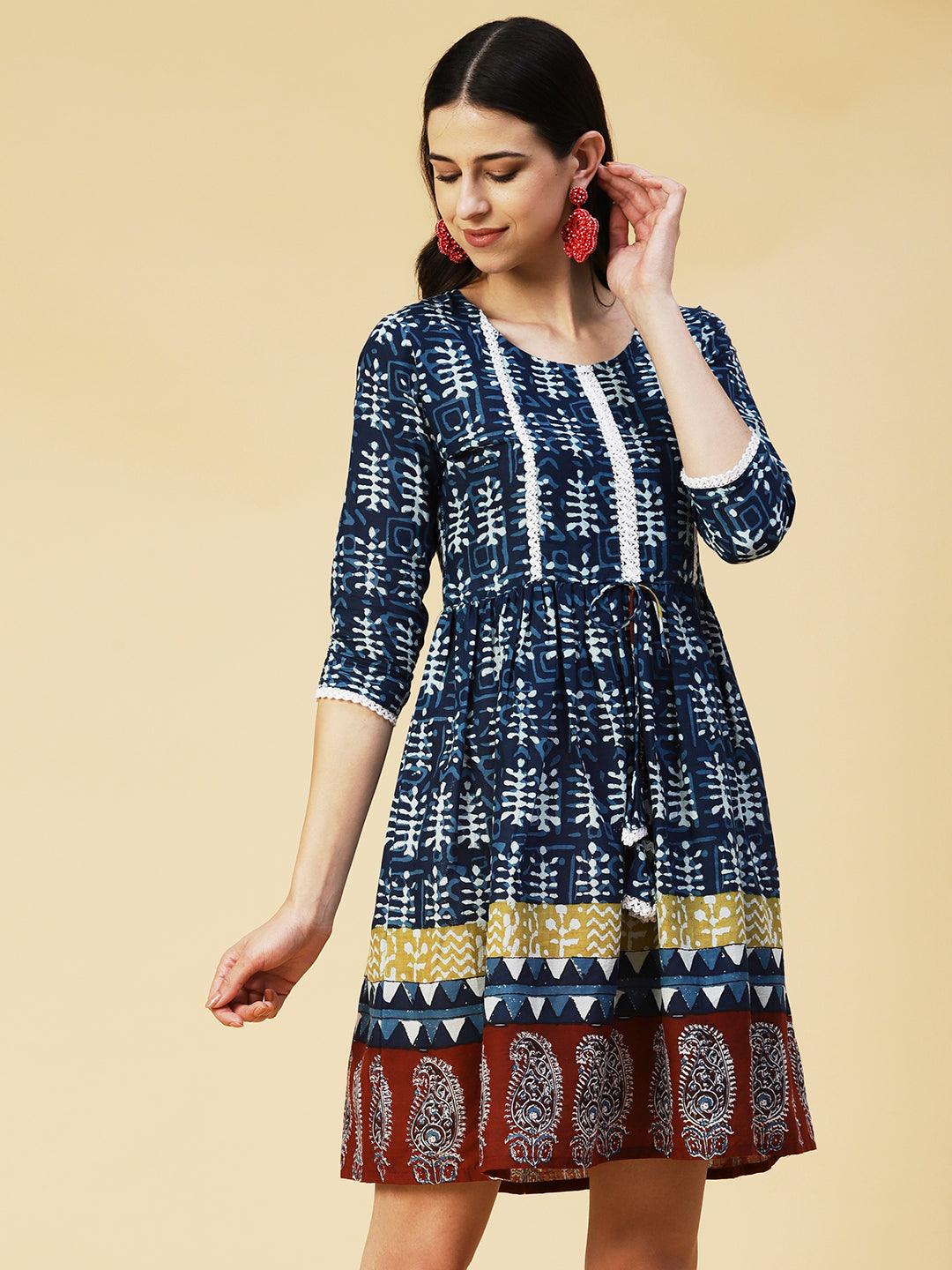 Batik Printed Crochet Lace Embellished Dress - Indigo Blue - Indiakreations