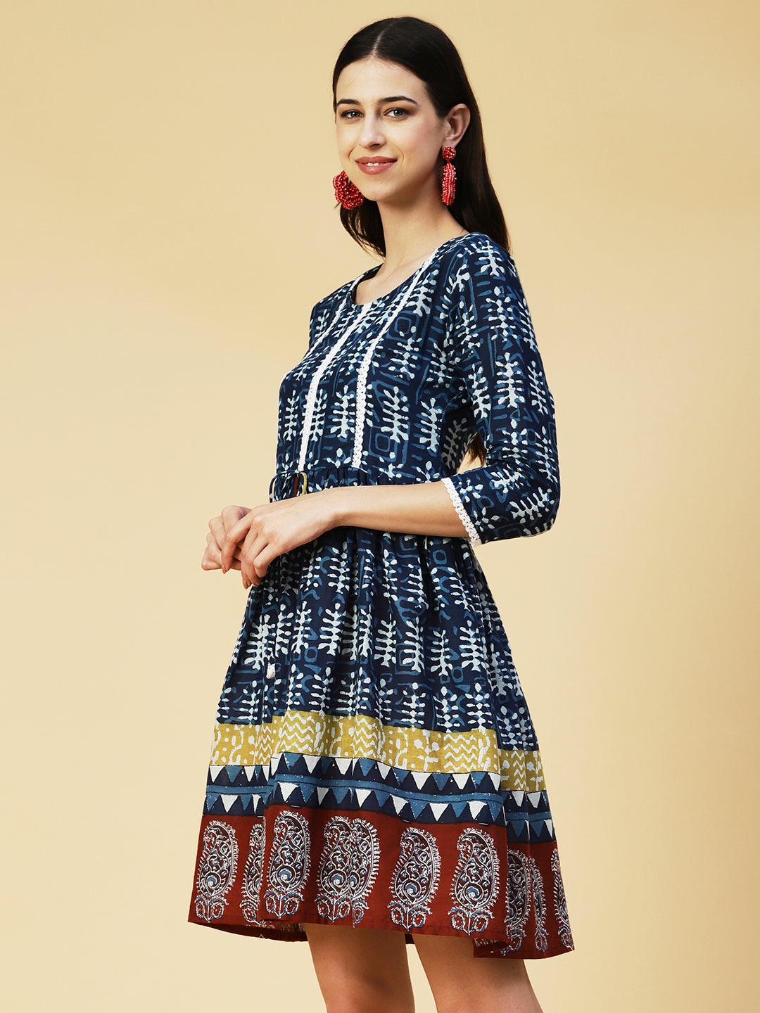 Batik Printed Crochet Lace Embellished Dress - Indigo Blue - Indiakreations