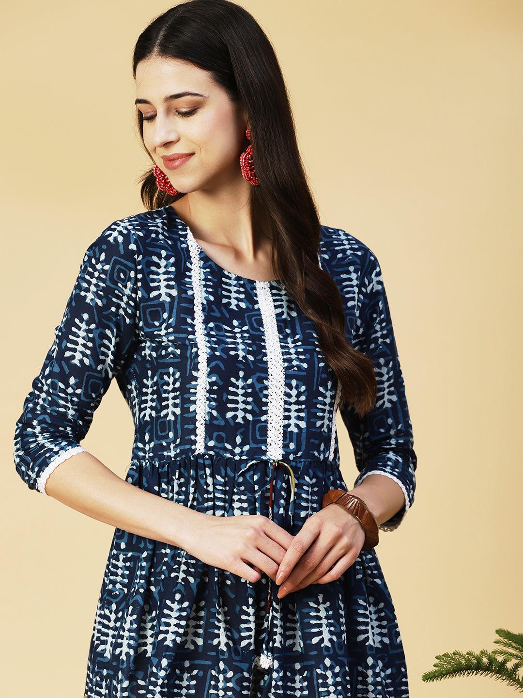 Batik Printed Crochet Lace Embellished Dress - Indigo Blue - Indiakreations