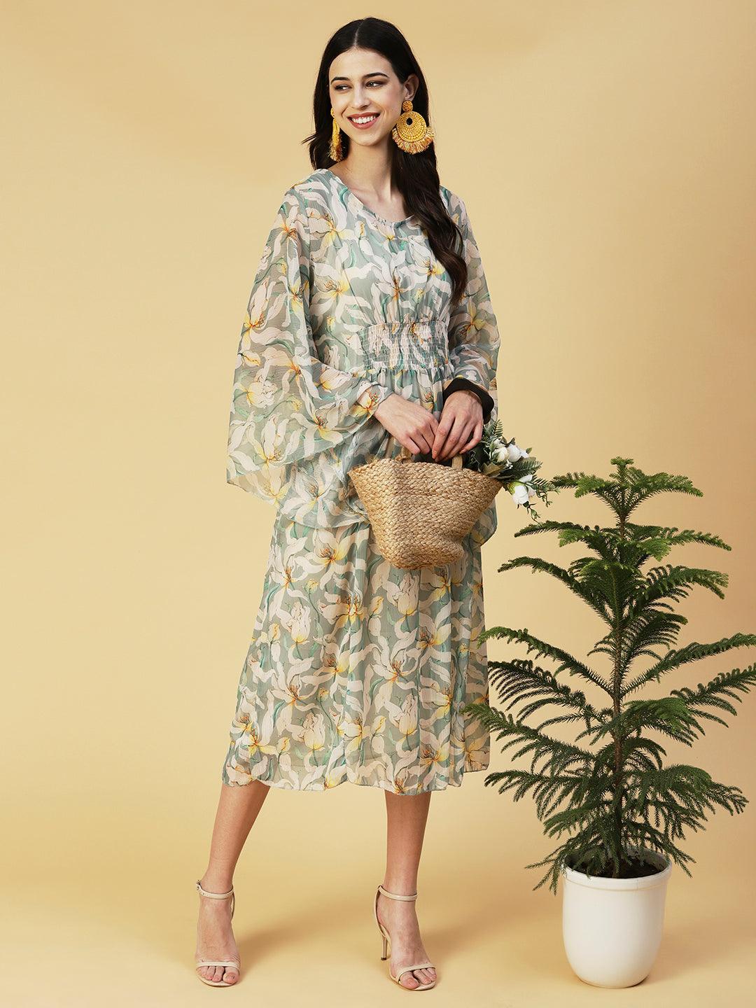 Floral Printed Smocked Dress With Inner - Light Green - Indiakreations