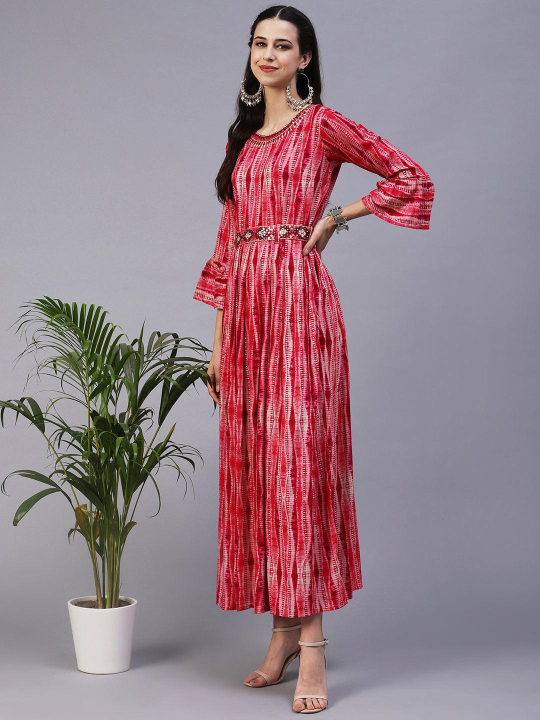 Stripes Printed & Mirror Embroidered Fit & Flare Maxi Dress - Red - Indiakreations