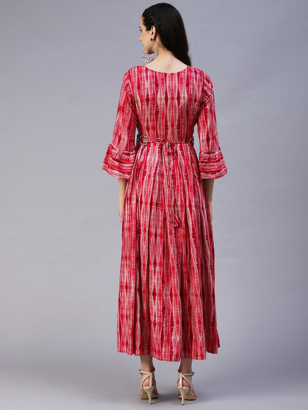 Stripes Printed & Mirror Embroidered Fit & Flare Maxi Dress - Red - Indiakreations