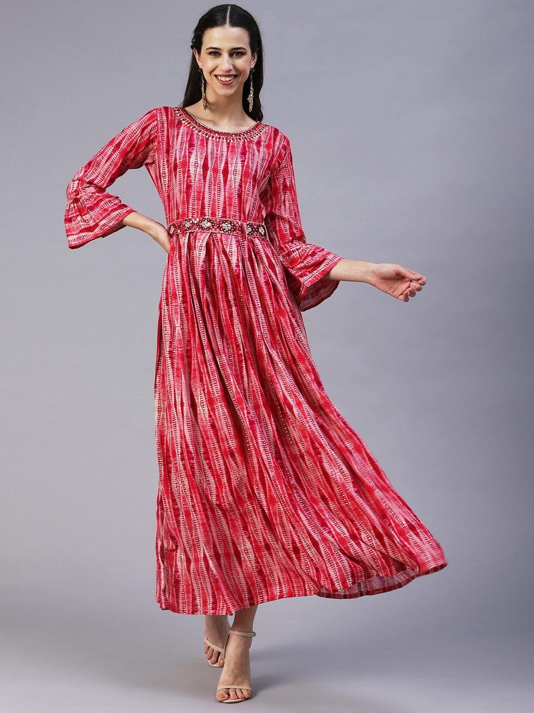 Stripes Printed & Mirror Embroidered Fit & Flare Maxi Dress - Red - Indiakreations